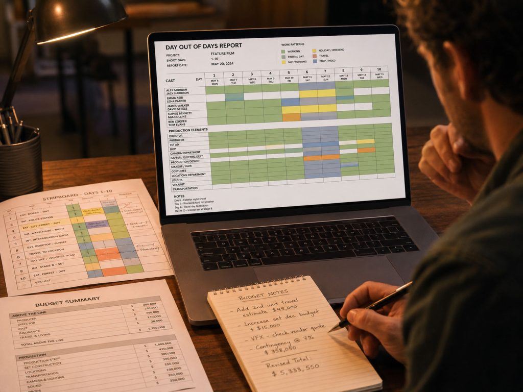 Day Out of Days report displayed beside a stripboard and film budget pages during production planning.