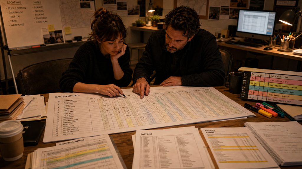 Producer and assistant director reviewing a Day Out of Days report with a shooting schedule and budget pages.