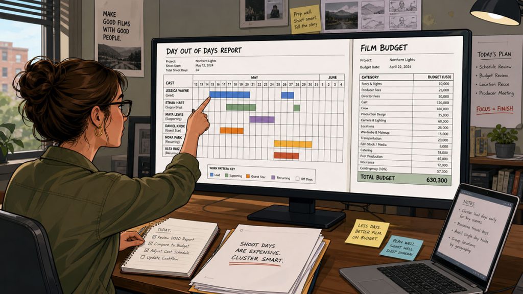 Producer comparing a Day Out of Days report with a film budget to estimate cast work days and production costs.