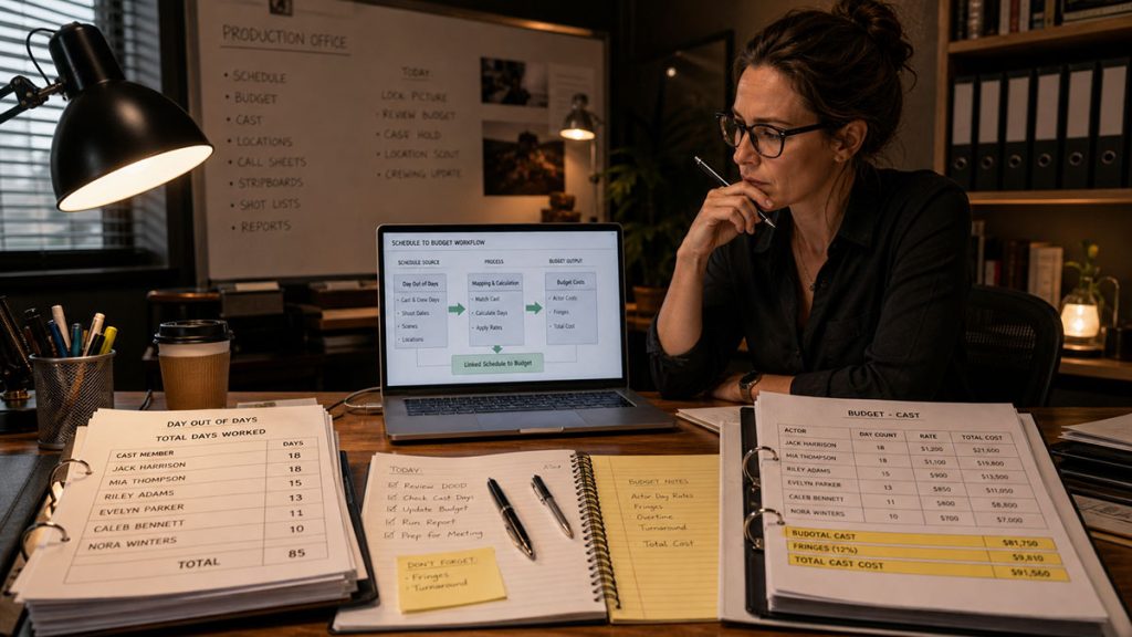 Producer using a Day Out of Days report to connect cast work days from the schedule to the film budget.