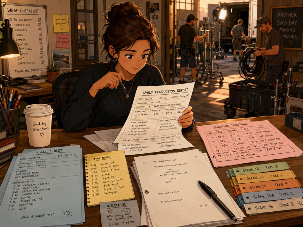 Production coordinator reviewing a Daily Production Report with call sheet, shooting schedule, script pages, time notes, and crew wrapping equipment in the background.