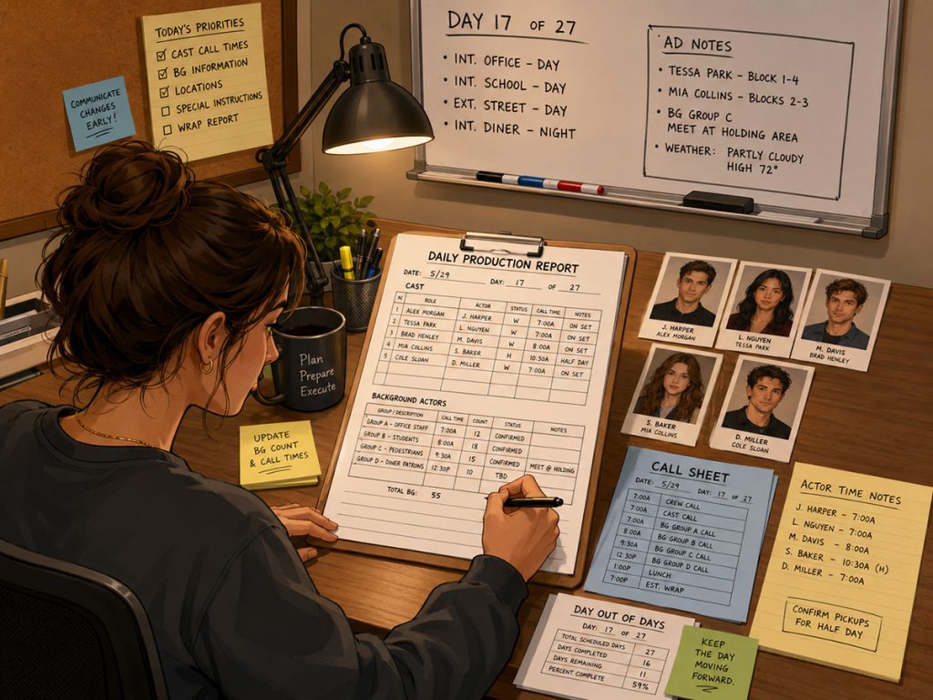 ssistant director updating cast and background actor information on a Daily Production Report with headshots, call sheet, and Day Out of Days report nearby.