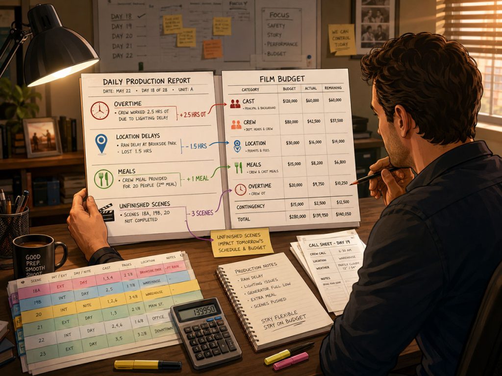 Producer comparing a Daily Production Report with a film budget to track overtime, location delays, unfinished scenes, and cost impact.