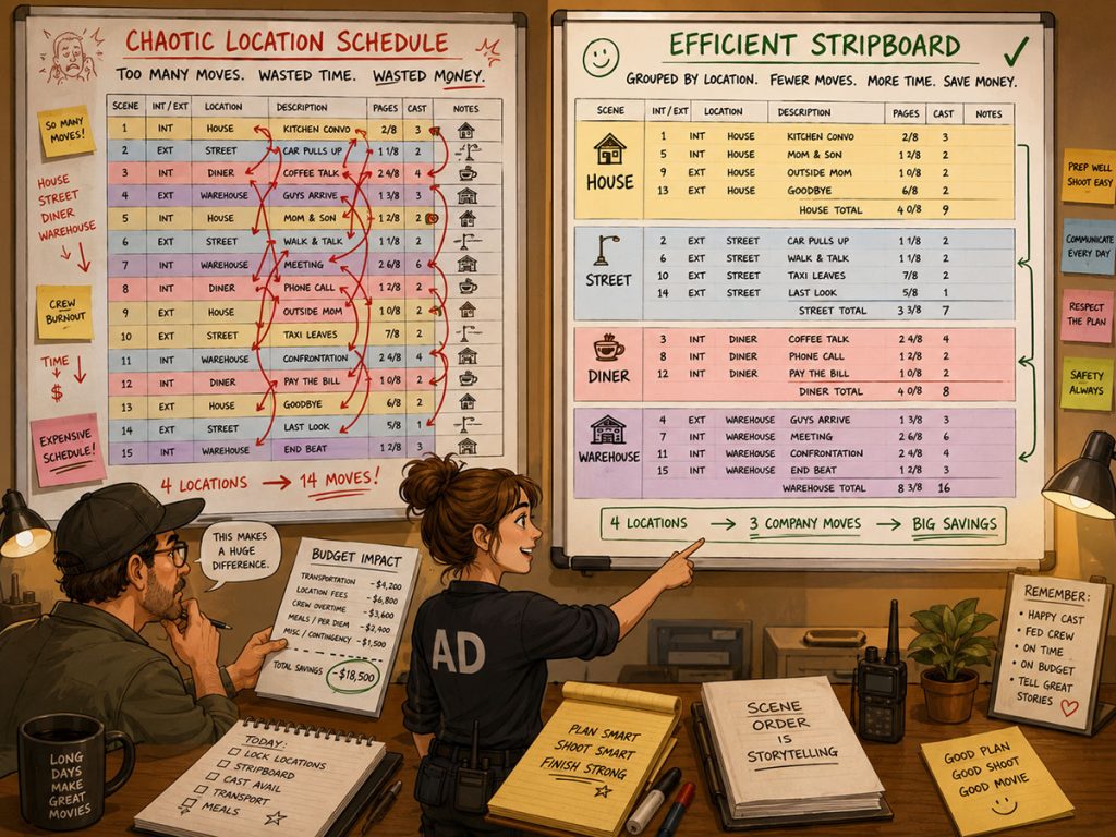 Comparison of a chaotic location schedule with too many company moves and a clean stripboard grouped efficiently by location.