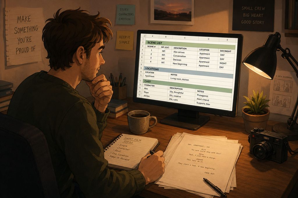 Small indie filmmaker using a simple spreadsheet for a short film with only a few scenes, one location, and three cast members.