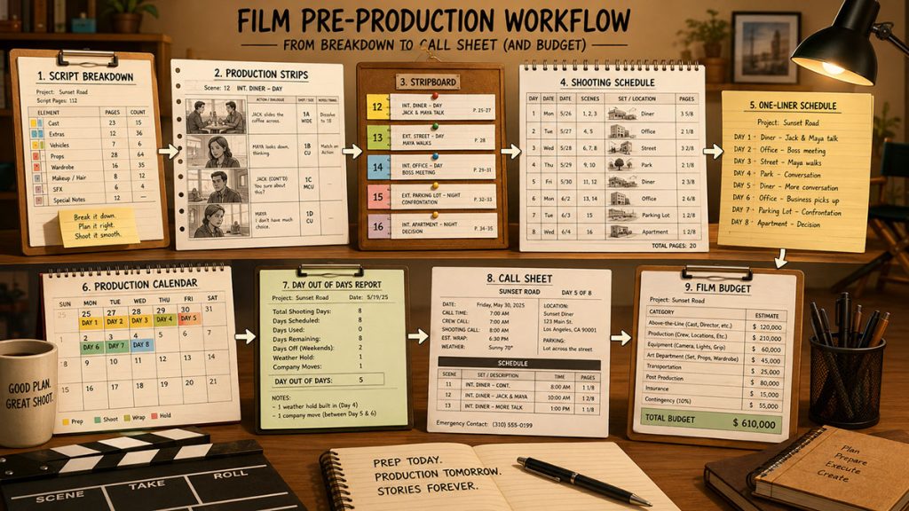 Pre-production workflow showing how script breakdowns, production strips, stripboards, shooting schedules, one-liners, calendars, DOOD reports, call sheets, and budgets connect.
