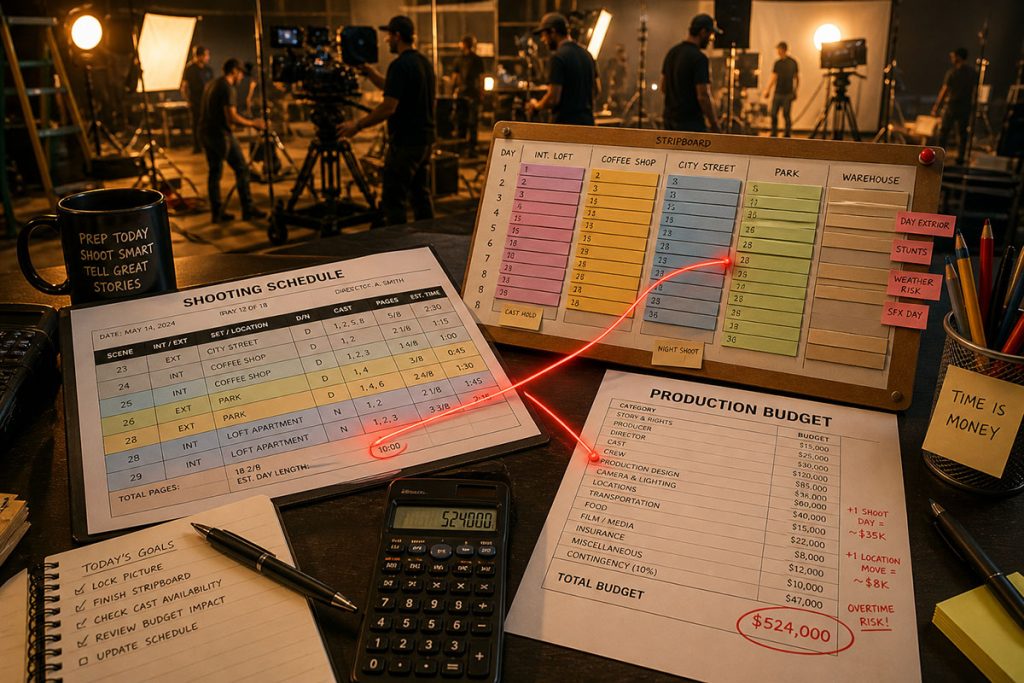 Cinematic film production planning desk with shooting schedule, stripboard, and budget sheets connected by a glowing line, illustrating the relationship between scheduling and budgeting on a film set.