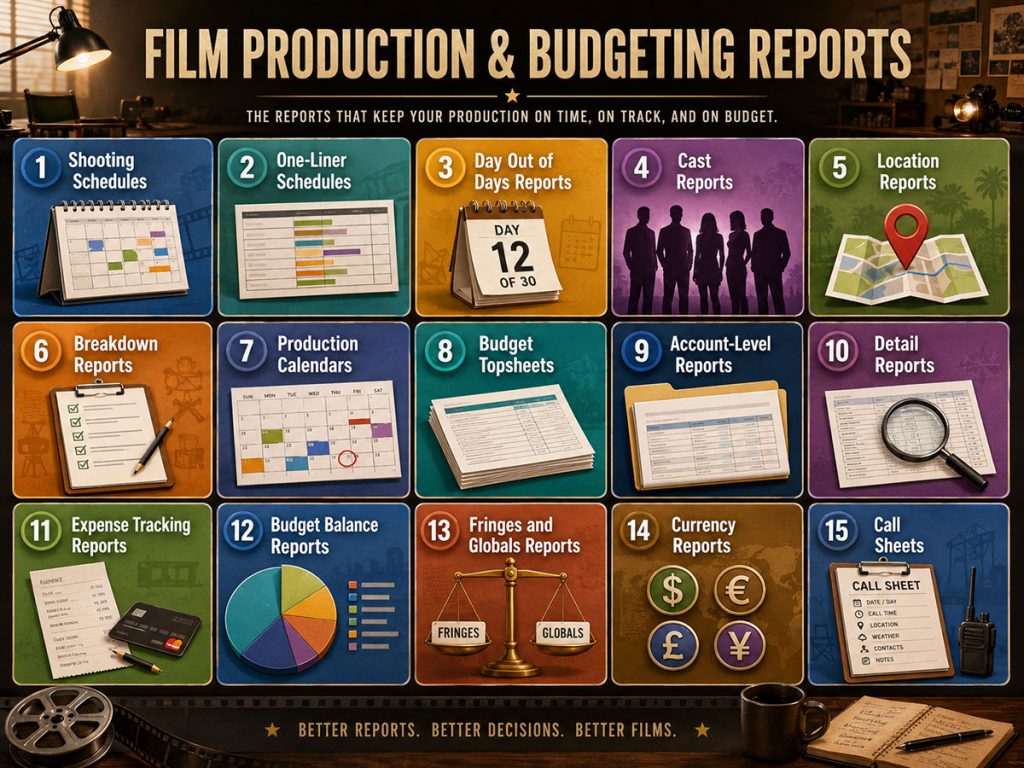 Shooting schedules.
One-liner schedules.
Day Out of Days reports.
Cast reports.
Location reports.
Breakdown reports.
Production calendars.
Budget topsheets.
Account-level reports.
Detail reports.
Expense tracking reports.
Budget balance reports.
Fringes and globals reports.
Currency reports.
Call sheets.