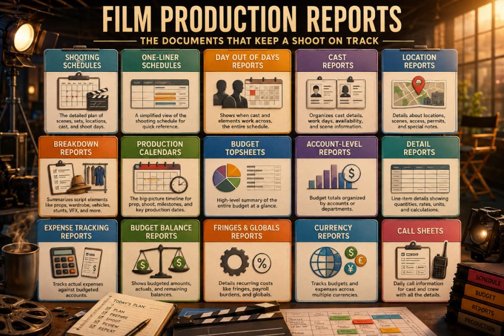 Colorful infographic showing key film production reports used for scheduling, budgeting, tracking, and call sheets.