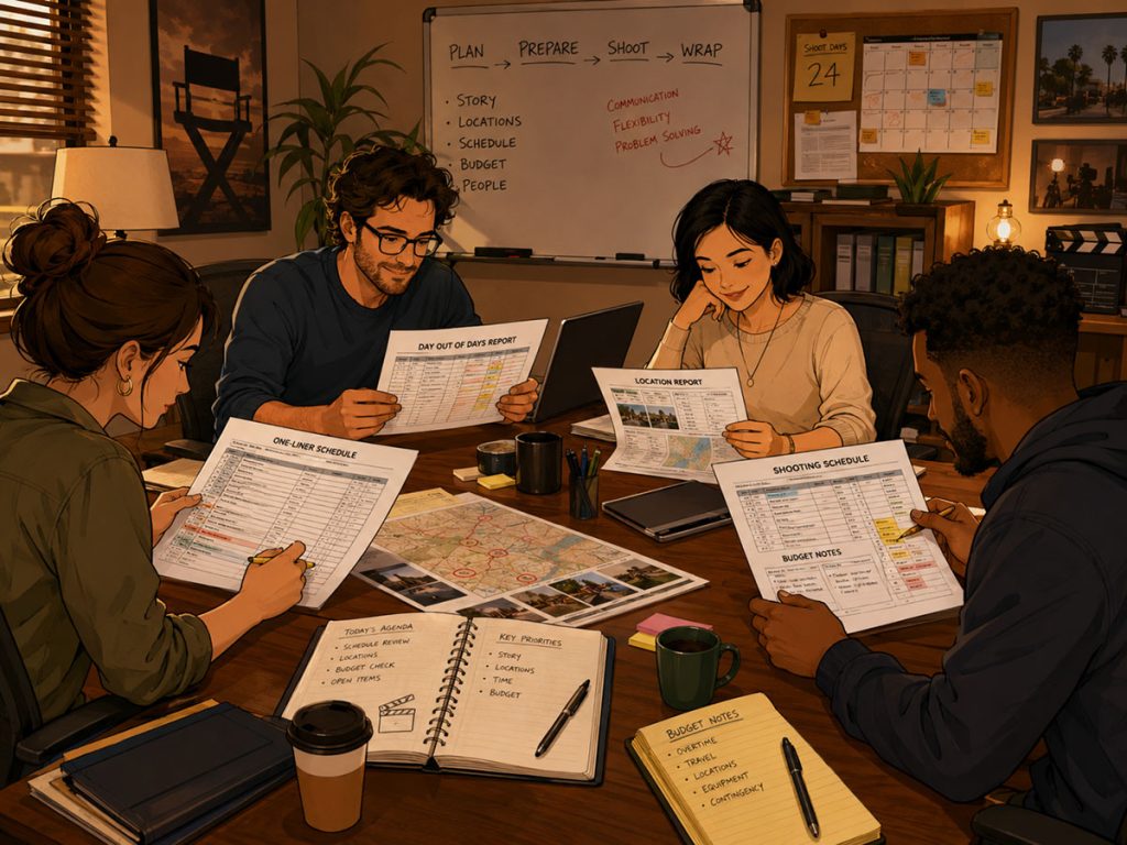 Production team reviewing film scheduling reports including a one-liner schedule, DOOD report, location report, and budget notes.