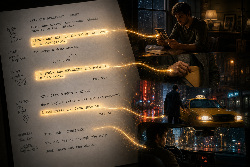 Screenplay lines transforming into real film production elements like actors, locations, and props.