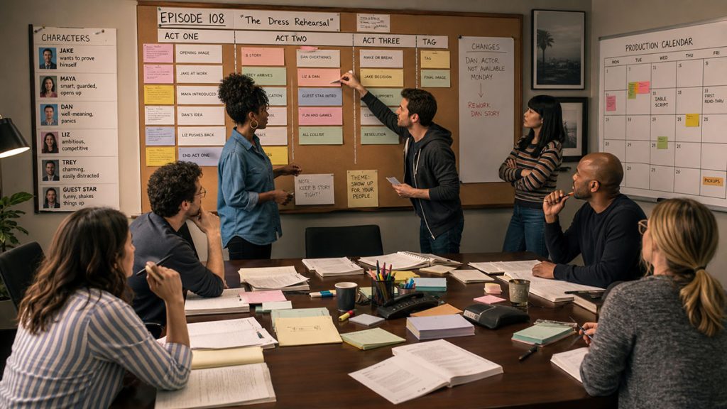 Television writers and producers adjusting an episode plan because of an actor scheduling conflict.