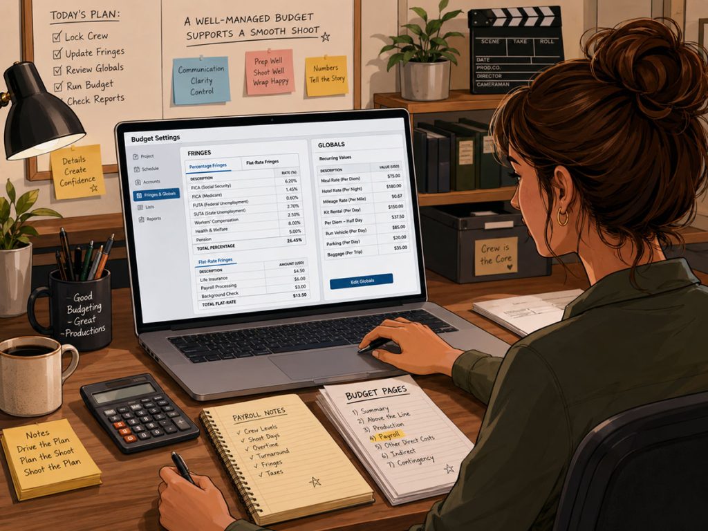 Producer managing film budget fringes and globals inside budgeting software with payroll notes and budget pages nearby.