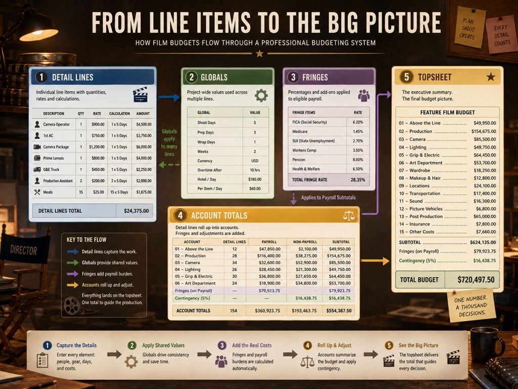 Infographic showing how globals and fringes connect detail lines to account totals and a film budget topsheet.