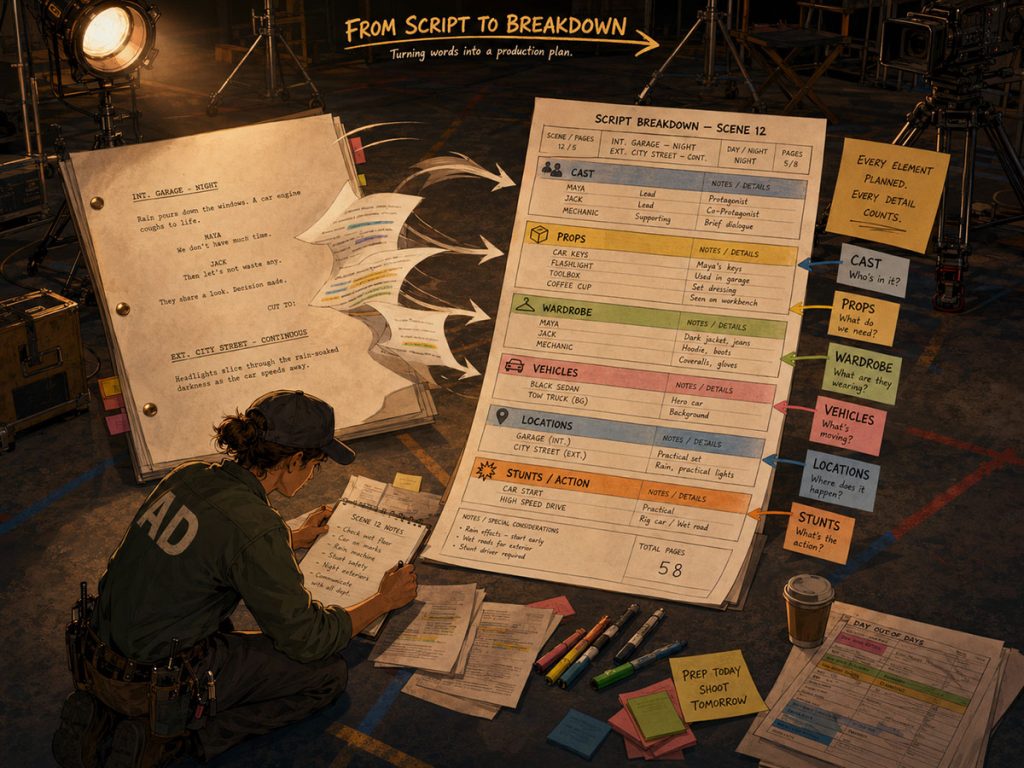 Screenplay page transforming into a script breakdown with highlighted cast, props, wardrobe, vehicles, locations, and stunts.