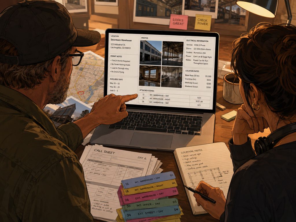 Location manager and assistant director reviewing detailed location records connected to a film schedule.