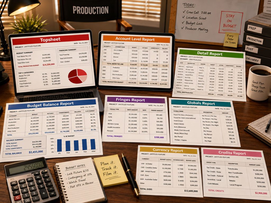 Multiple clearly titled film budget reports spread across a desk, including topsheet, account level, detail, budget balance, fringes, globals, currency, and credits reports.