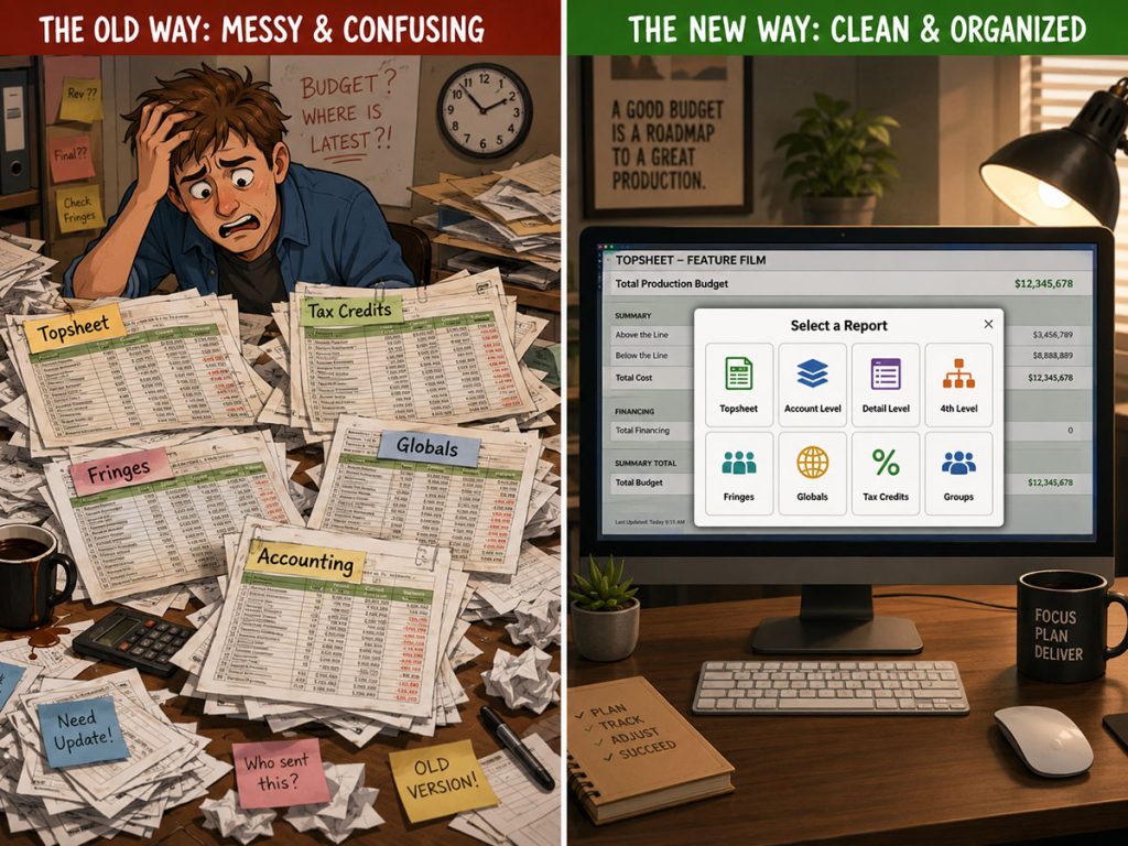 Split-screen comparison of messy spreadsheet-based budget reports versus an organized report selection window in budgeting software.