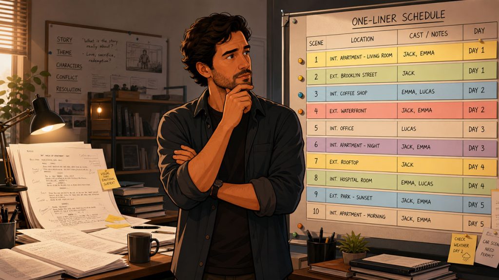 Filmmaker reviewing screenplay pages and a one-liner schedule during pre-production planning.