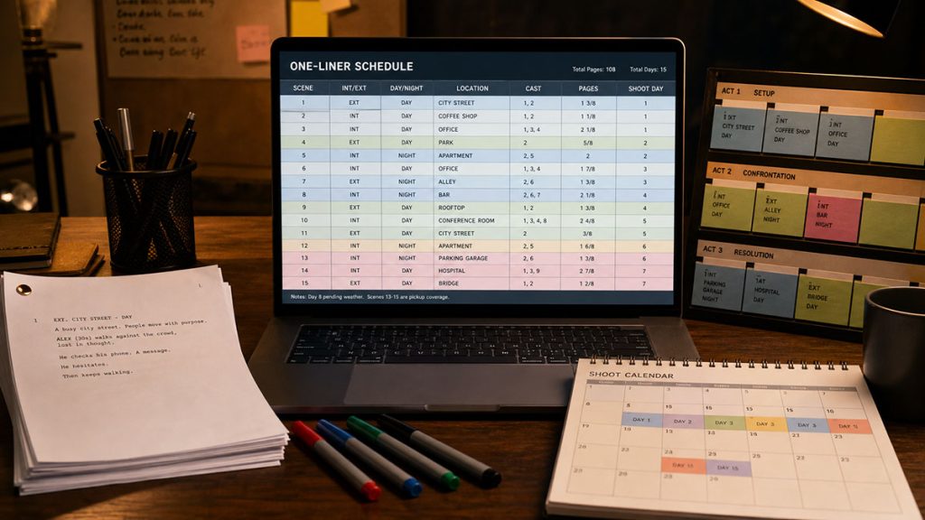A one-liner schedule displayed on a laptop with screenplay pages and production planning tools.