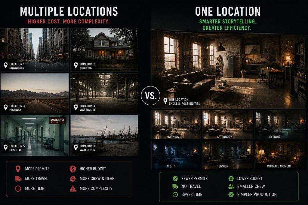 Comparison showing multiple film locations versus a single location reused creatively to reduce production complexity.