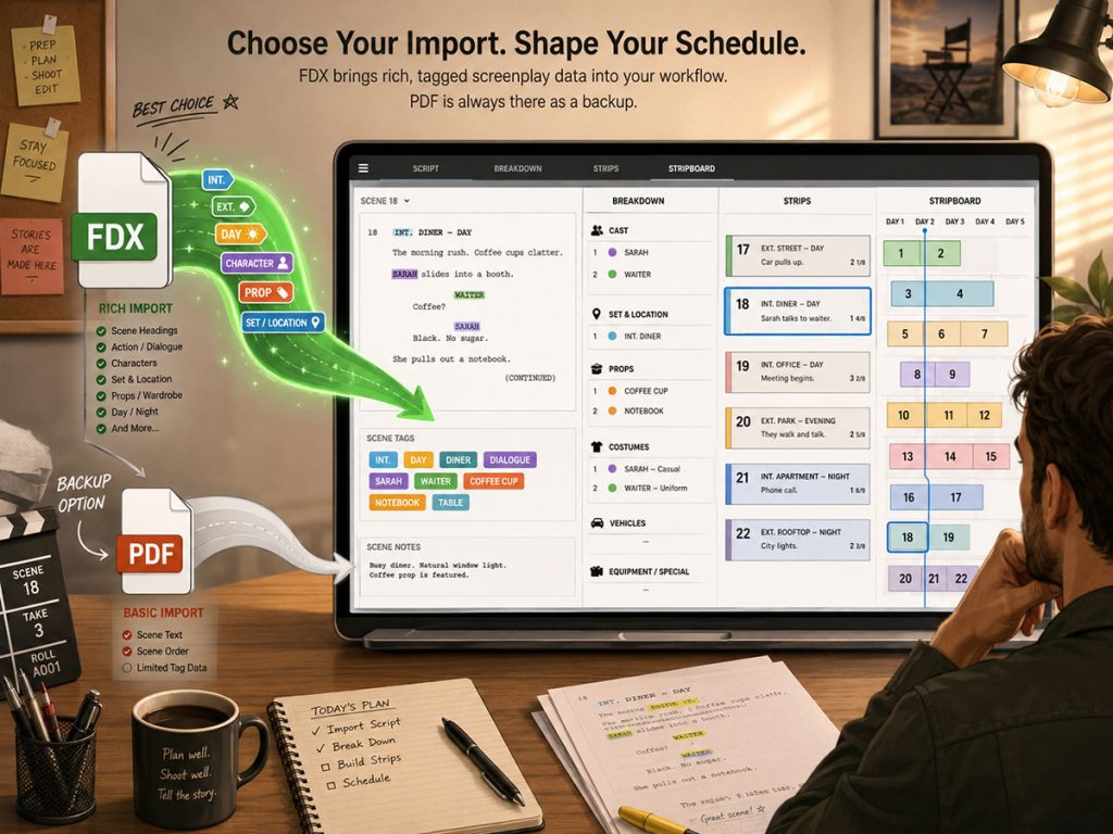 FDX and PDF screenplay files flowing into a film scheduling workflow with breakdown tags, production strips, and a stripboard.