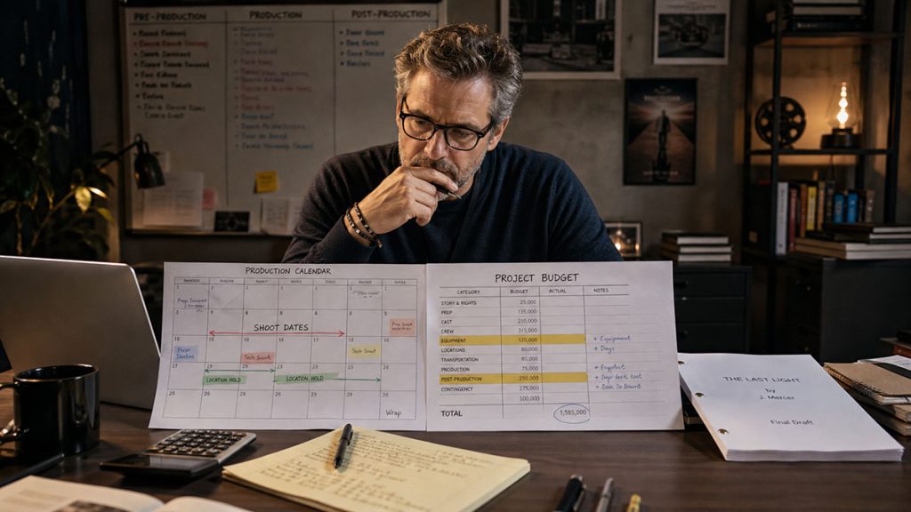 Producer reviewing a film production calendar alongside budget pages during pre-production.