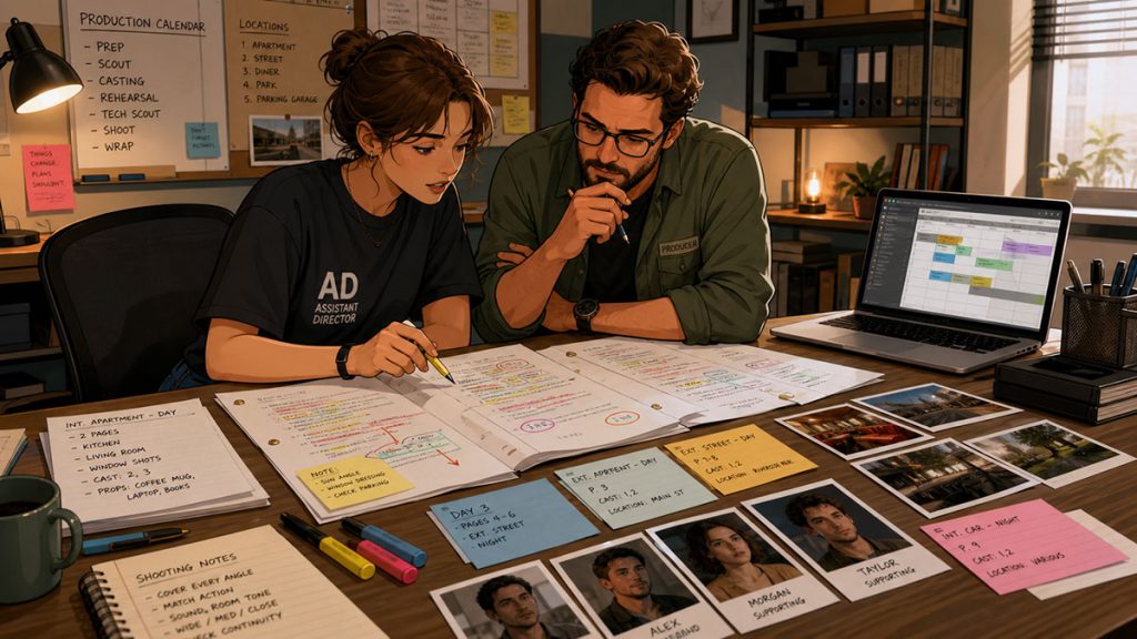 Assistant director and producer reviewing a color-coded script breakdown with stripboard cards, cast photos, and scheduling notes.