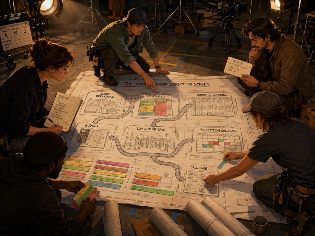 Pre-production workflow showing a screenplay becoming a breakdown, schedule, budget, reports, and call sheet.