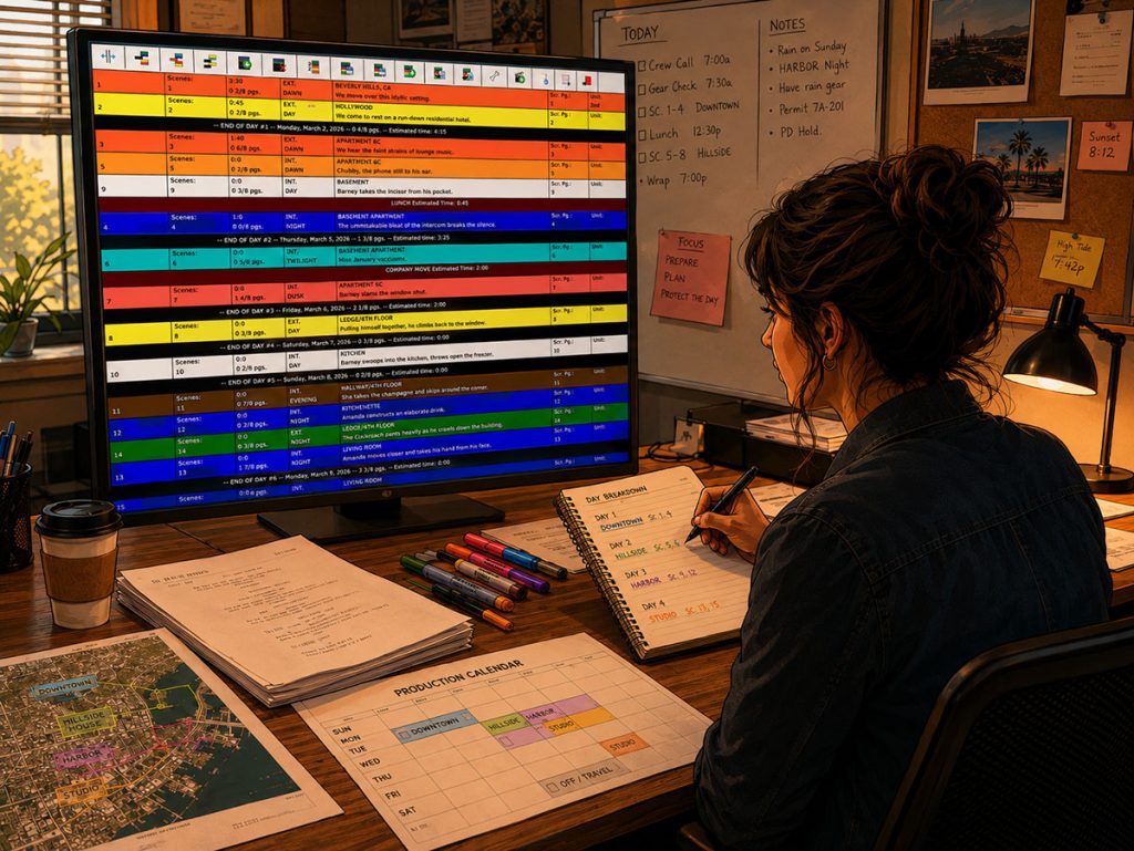 Assistant director organizing colorful production strips on a digital stripboard grouped by location, day/night, and cast.