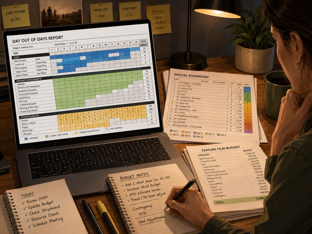 Producer reviewing a Day Out of Days report beside a stripboard and film budget notes.