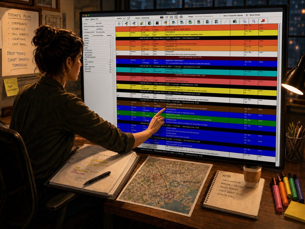 Assistant director organizing production strips on a digital stripboard grouped by location, day/night, and cast.