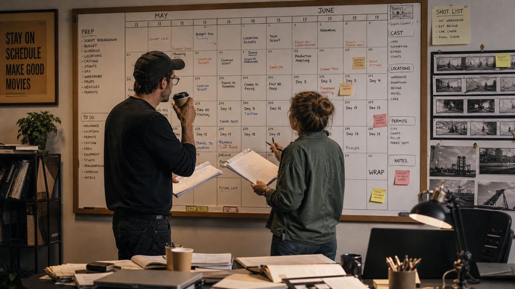 Producer and assistant director planning a film production calendar in a pre-production office.
