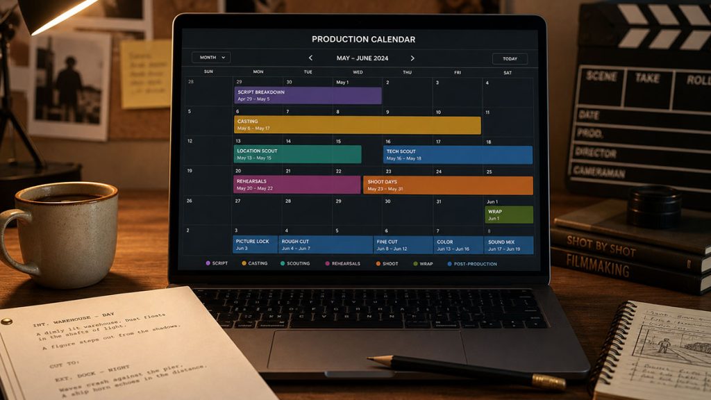 Film production calendar displayed on a laptop with color-coded pre-production and shoot milestones.