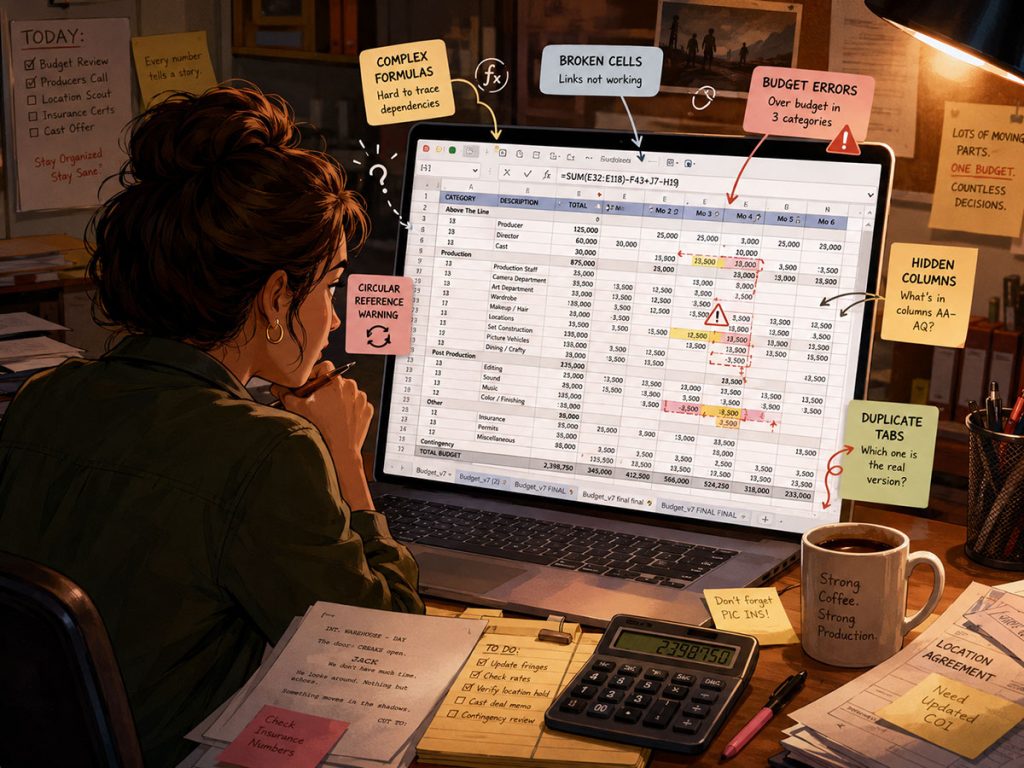 Line producer reviewing a complicated film budget spreadsheet with broken formulas and budget errors.
