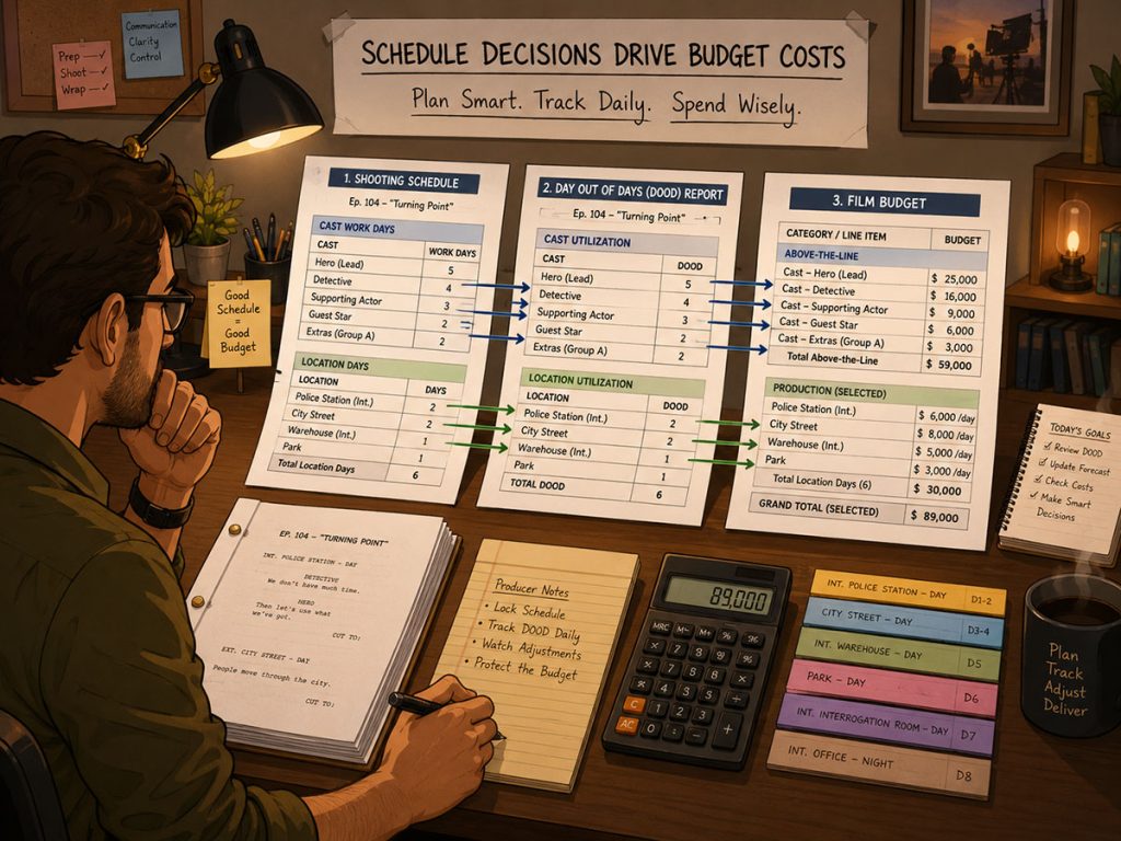 Producer comparing a shooting schedule, Day Out of Days report, and film budget to show how schedule decisions affect production costs.
