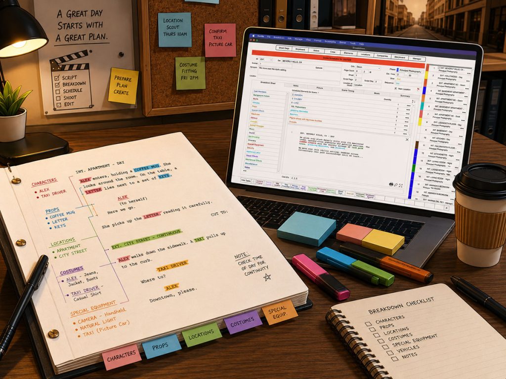 Script breakdown elements being transferred from screenplay pages into film scheduling software on a laptop.