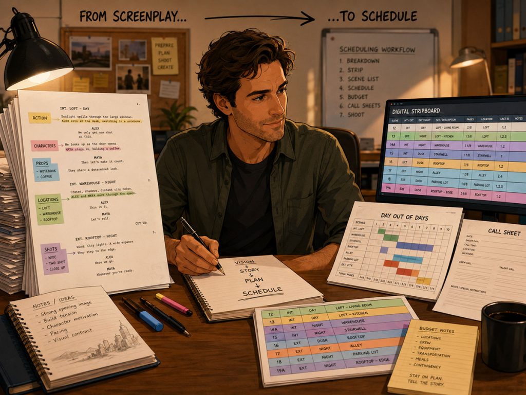 Filmmaker turning screenplay pages into production strips, a digital stripboard, DOOD report, call sheet, and budget notes.