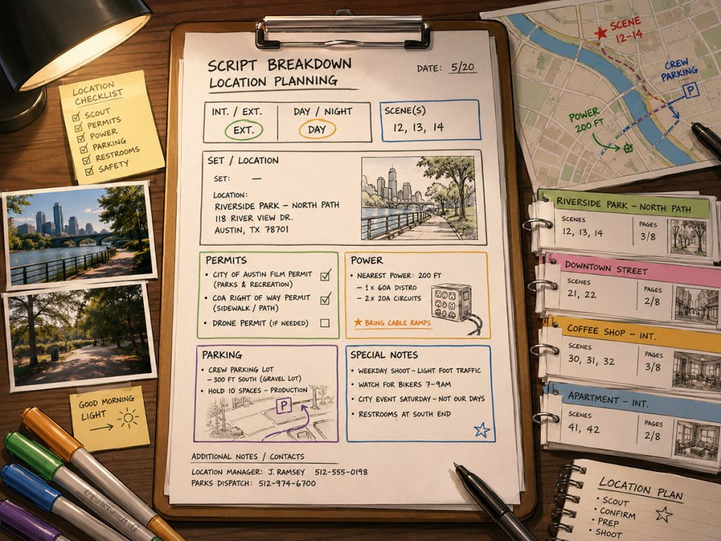 Script breakdown page with location details highlighted, including set, location, permits, power, parking, day/night, and production notes.
