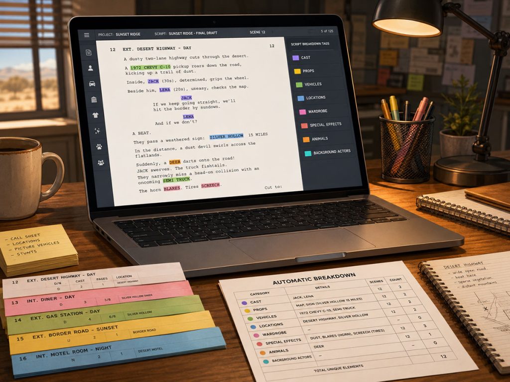 Screenplay words highlighted as breakdown tags that populate production strips and breakdown sheets.