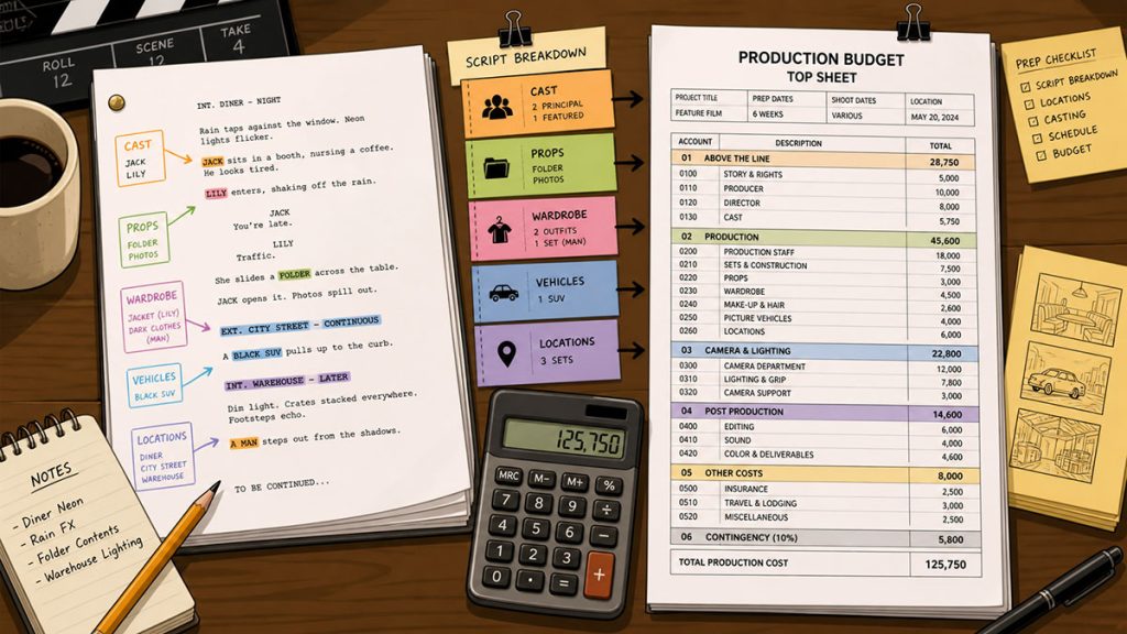 Marked-up screenplay pages transforming into a film budget with production strips, calculator, and pre-production documents on a filmmaker’s desk.