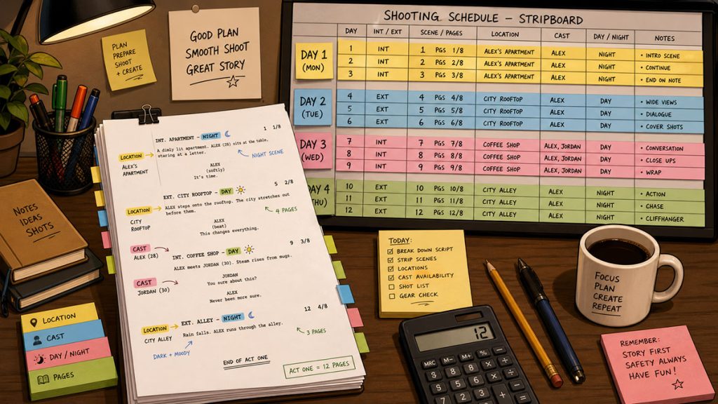 Marked-up screenplay pages transforming into a shooting schedule with production strips, page counts, and pre-production notes.