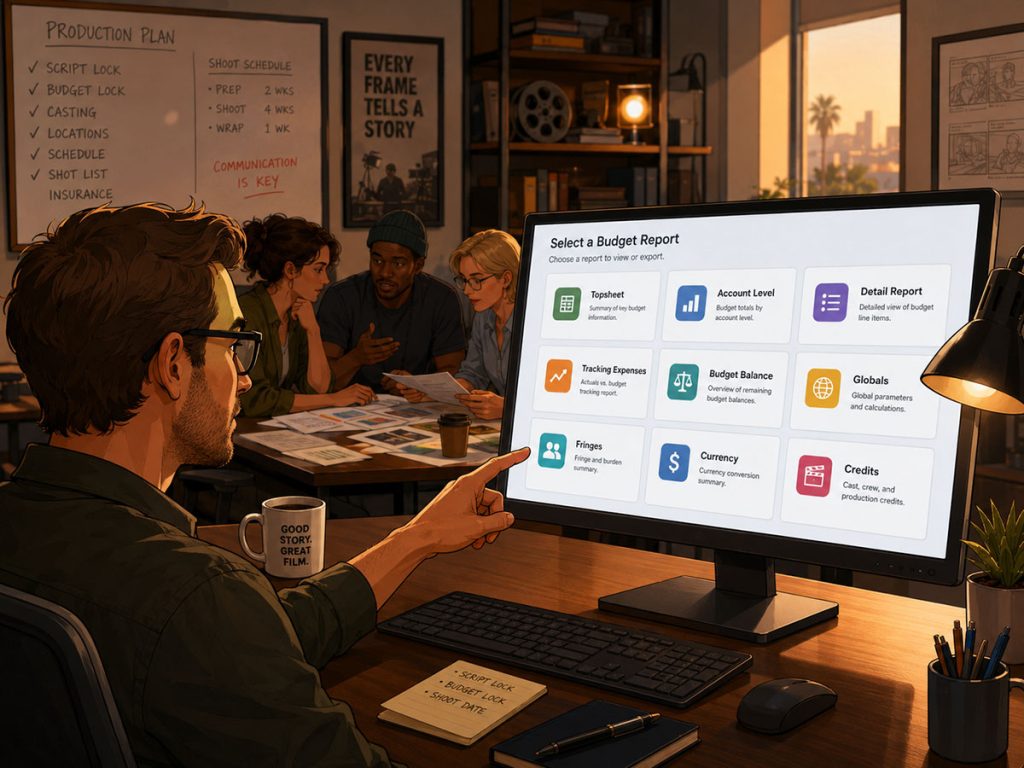 Producer choosing professional film budget reports from budgeting software for a production team review.