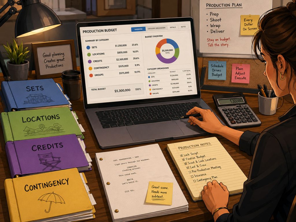 Producer organizing a film budget using contingency, credits, budget groups, sets, and locations in budgeting software.