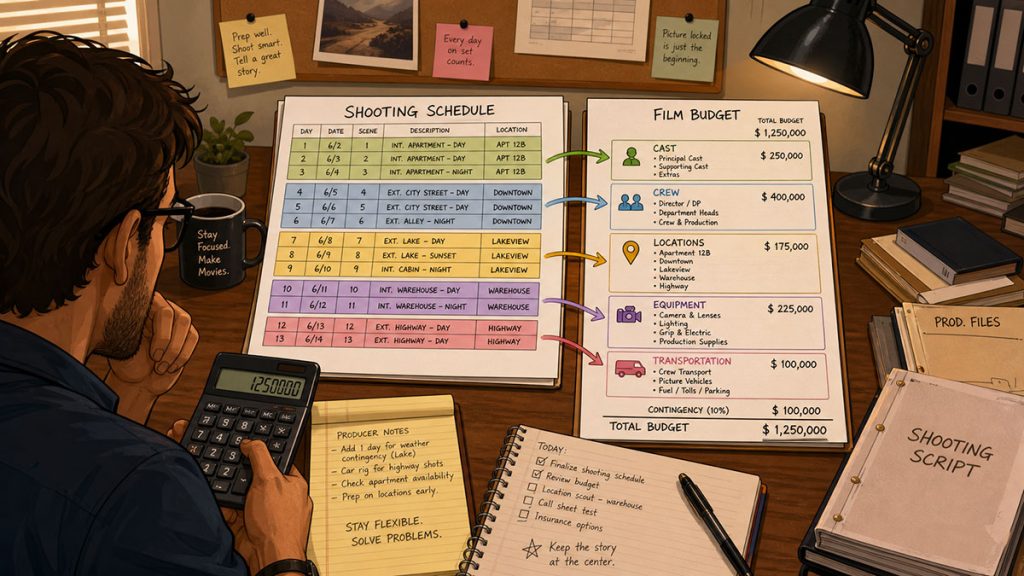 Shooting schedule connected to film budget categories, showing how grouped locations and production strips affect costs.