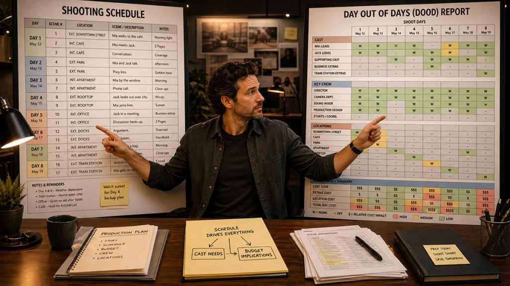 Comparison of a shooting schedule and a Day Out of Days report in a film production office.