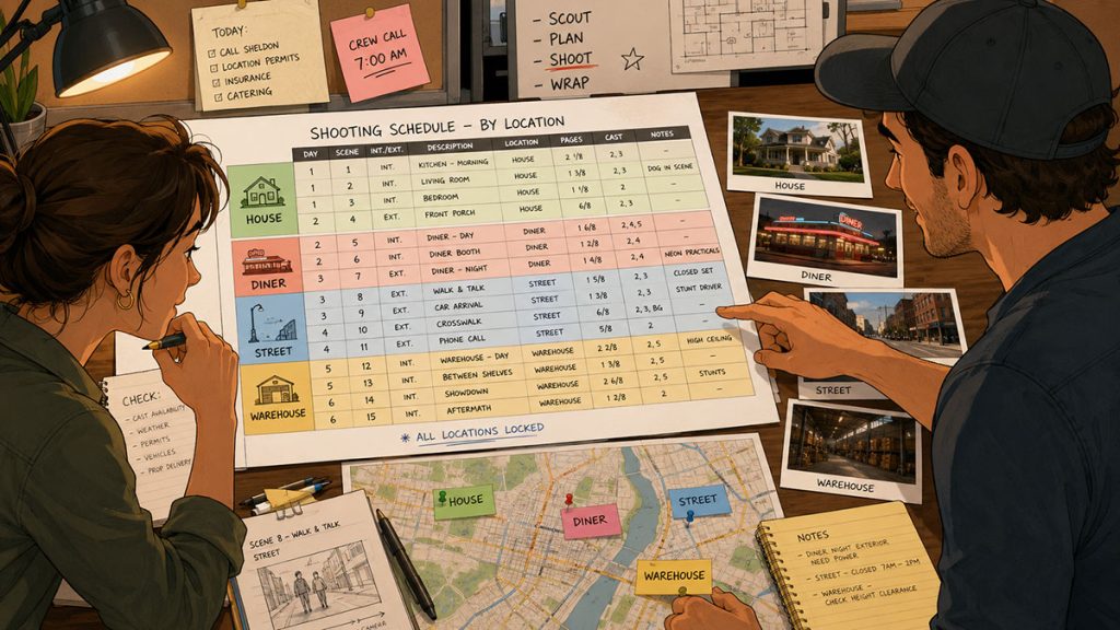 Shooting schedule grouped by location with assistant director and producer reviewing location photos, a map, and organized scene rows.
