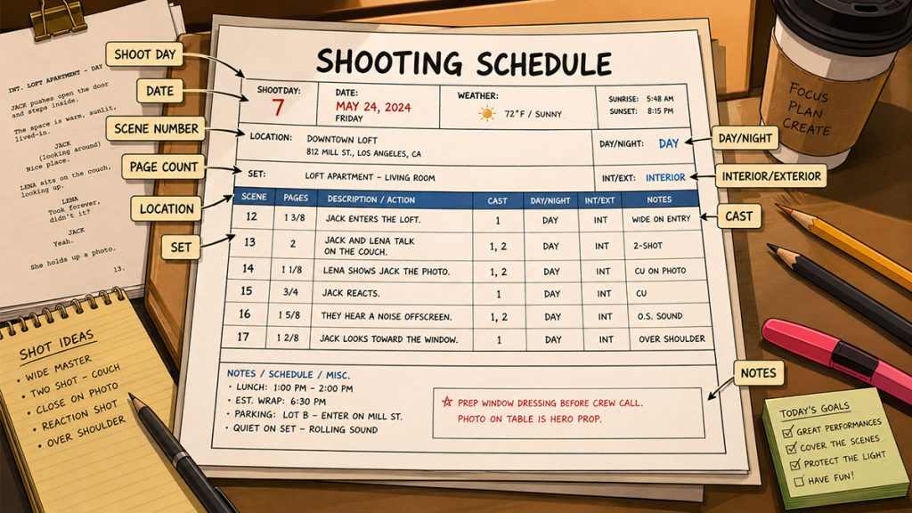 Close-up of a shooting schedule with callouts identifying shoot day, scene number, page count, location, cast, day/night, and production notes.