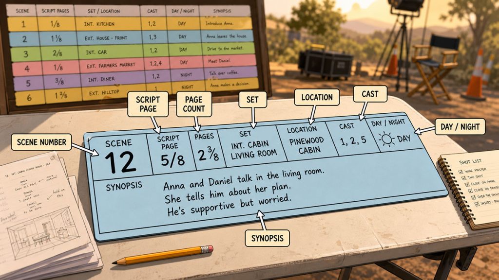 Close-up of a production strip showing scene number, page count, location, cast, day/night, and synopsis fields.