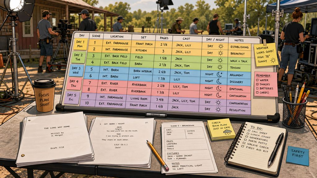 Colorful production strips arranged on a stripboard with script pages, breakdown sheets, and scheduling notes on a filmmaker’s desk.